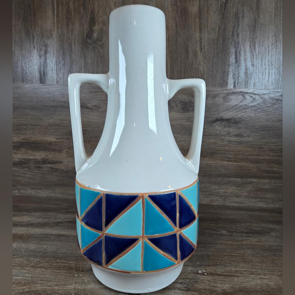 Three Hands Corp Two Handled Ceramic Vase White Blue Geometric Pattern Modern